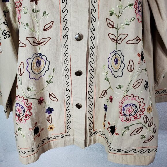 Denim & Co. Womens Beige Embroidered Button Shirt Jacket 1X Floral Long Sleeve - Picture 11 of 14